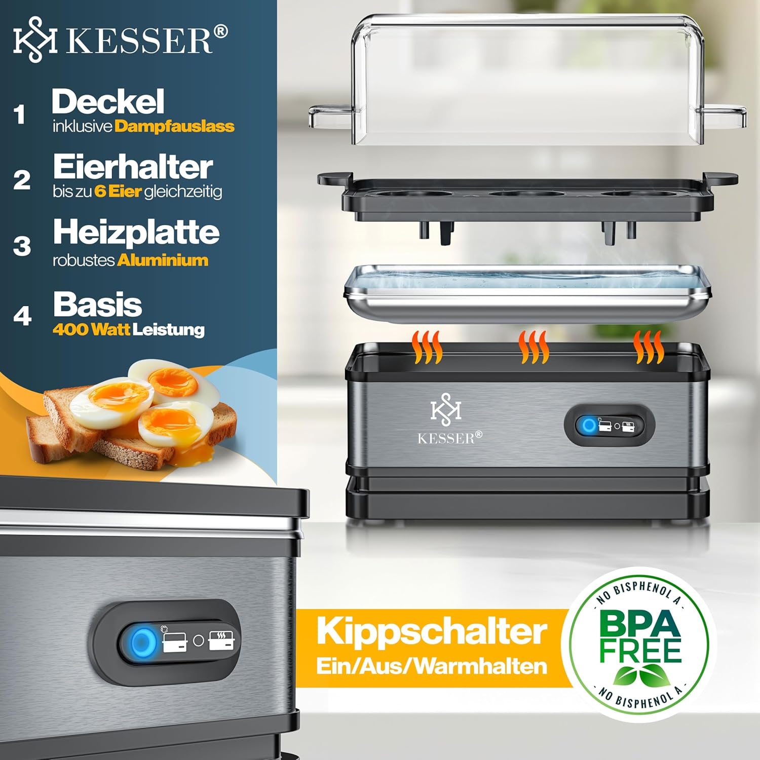 KESSER® Eierkoker voor 1 tot 6 eieren, elektrisch van roestvrij staal, 400 W met warmhoudfunctie, tuimelfunctie, drie hardheidsgraden, BPA-vrij en vaatwasmachinebestendig, maatbeker en 2 x