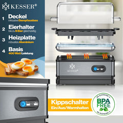 KESSER® Eierkoker voor 1 tot 6 eieren, elektrisch van roestvrij staal, 400 W met warmhoudfunctie, tuimelfunctie, drie hardheidsgraden, BPA-vrij en vaatwasmachinebestendig, maatbeker en 2 x