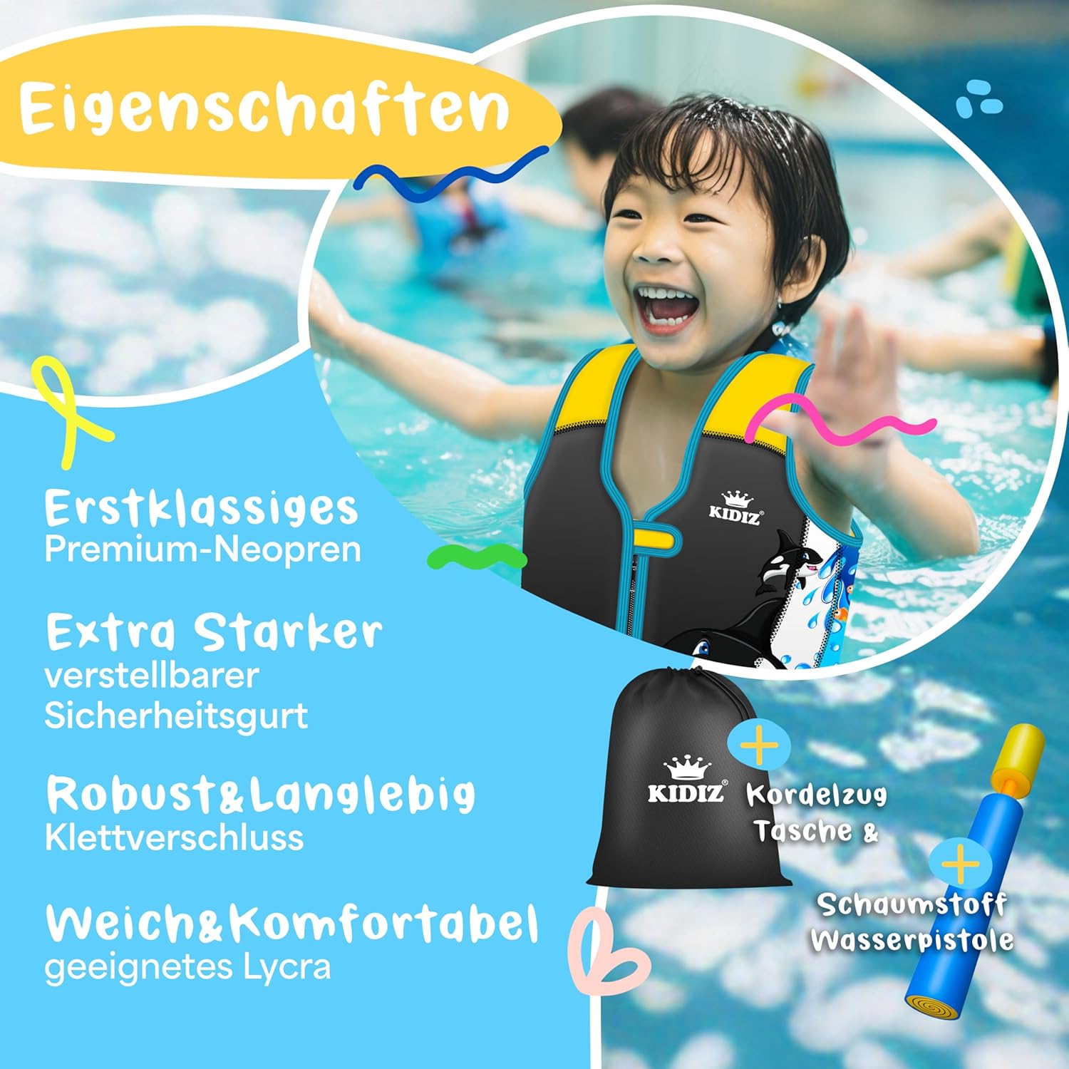 KIDIZ® Zwemvest voor kinderen - L - 5-9 jaar - Veiligheidsgordel - Antraciet