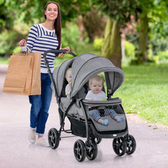 COSTWAY Broer en zussenwagen, inklapbaar, dubbele wagen met verstelbare rugleuning en kap, reisbuggy met ligfunctie, dubbele buggy voor baby's vanaf 6 maanden, 30 kg belastbaar (grijs)
