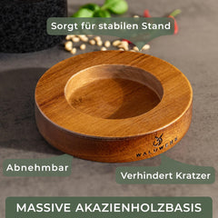 WALDWERK Vijzel met stamper (12 cm diameter), vijzel op luxe en stabiele basis van acaciahout, vijzel met stamper van natuurlijk graniet
