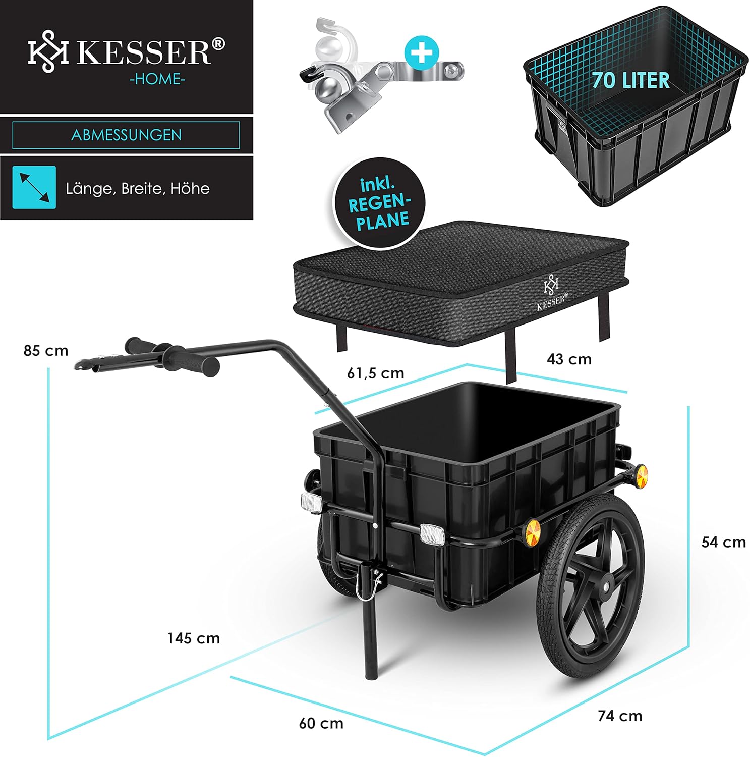 KESSER® Fietsaanhanger - Transportaanhanger - Max. 60kg - Zwart