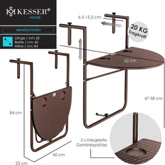 KESSER® Balkontafel - Inklapbaar - Hangtafel - Verstelbaar - Bruin