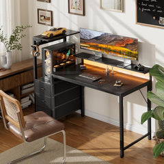 HLONONE Bureau met laden, 152 x 50 cm, gamingtafel met led en 2 stopcontacten en 3 USB-poorten, omkeerbare computertafel met plank en monitorstandaard, pc-tafel met haak voor thuiskantoor, zwart