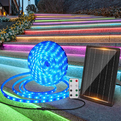 Aigostar Solar LED-strip van 10 meter met afstandsbediening, 100W, 300 LED's, waterdicht IP65, RGB LED-strip voor tuin, bomen, huis, kerst, feestdagen, terras, feest •