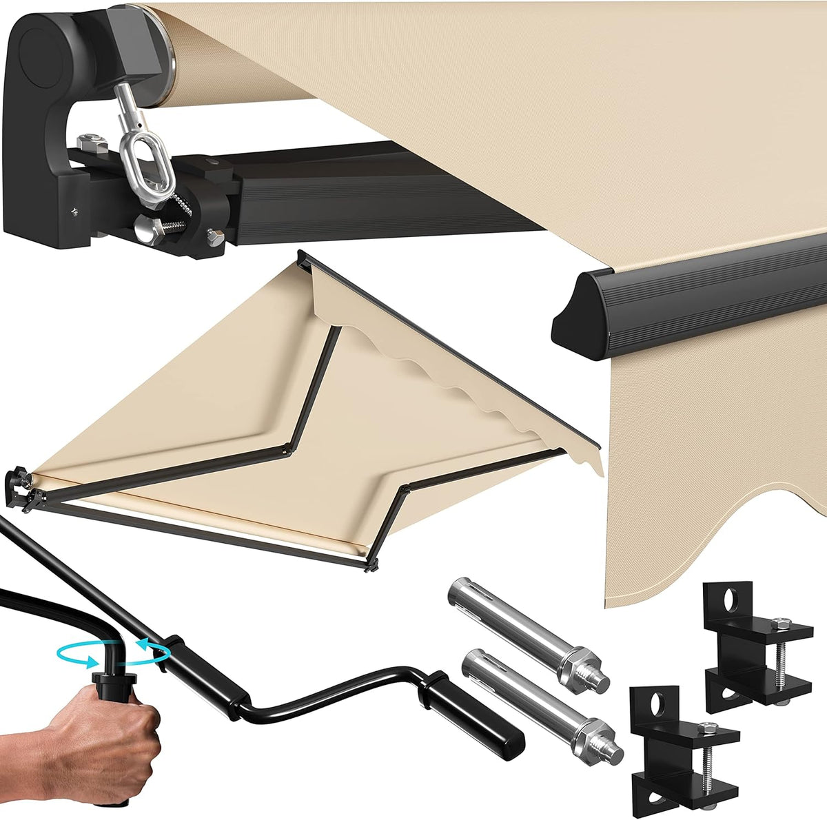 KESSER® Luifel met scharnierarm, zonnescherm, 300 x 250 cm, terrasluifel, klemluifel, zonneluifel, incl. wandhouder, balkonluifel, waterafstotend aluminium/polyester, beige