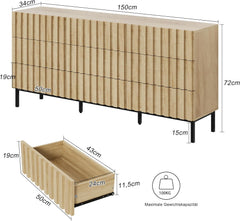 UEV Commode met schuifranden, 150 x 34 x 72 cm, kast met 9 schuifranden, modern dressoir, tv-board, opbergkast, smalle commode, buffet, kast voor woonkamer, slaapkamer, hal (natuur)