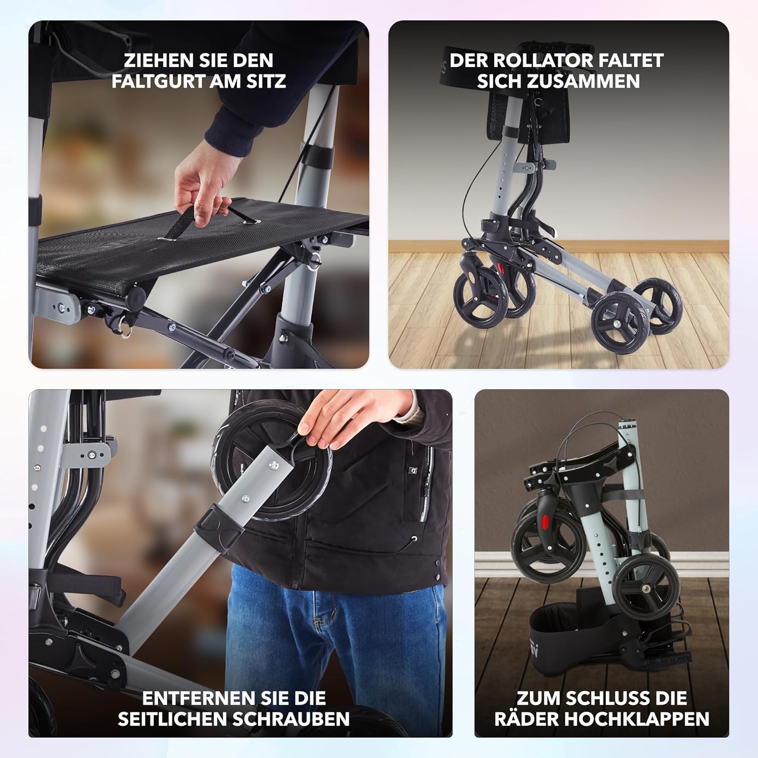 Arebos Lichtgewicht rollator van aluminium, 6-voudig in hoogte verstelbaar, opvouwbaar, incl. stokhouder en afneembare boodschappentas, loophulp met vastzetfunctie, zwart