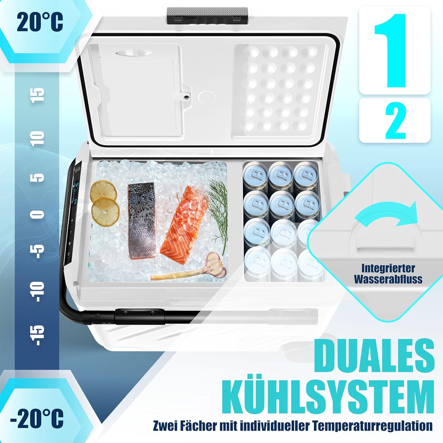 KESSER® Compressorkoelbox, elektrisch, 51 liter, campingvriesbox met led-touch, met app-besturing en koelaccu, USB-aansluiting, 12/24 V, 230 V, koelkastkoeling tot -20 °C, voor auto, vrachtwagen, wit