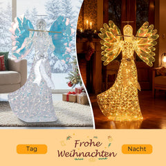 COSTWAY Kerstengel verlicht groot, 158 cm, iriserend met 250 warmwitte ledlampen, kerstdecoratie met halo en fluit, kerstfiguur, kerstdecoratie voor buiten, binnen