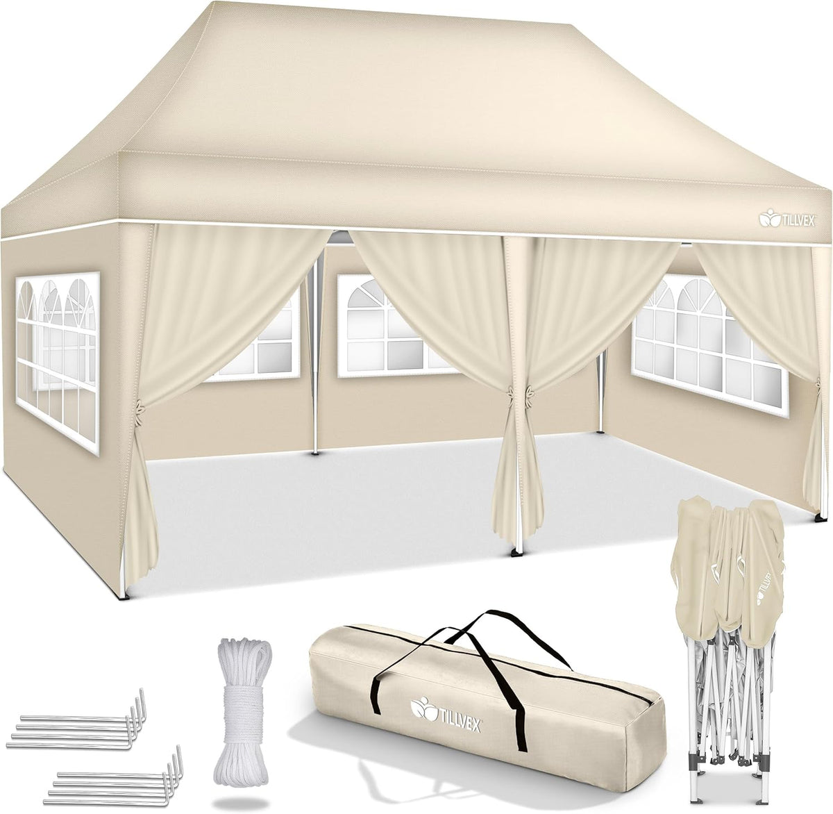 Partytent - Opvouwbaar - 3x6 m - Paviljoen - Easy up - Beige - Tillvex® •