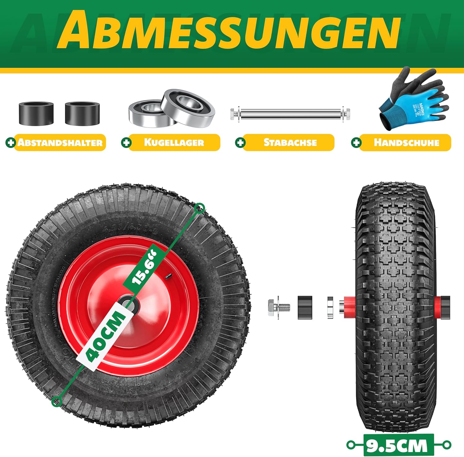 MASKO® Kruiwagenwiel - 40cm - 250kg - Lekbestendig - Rood
