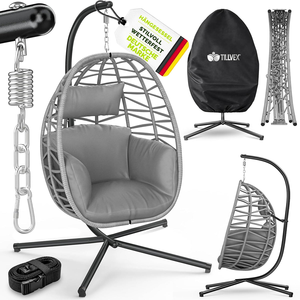 tillvex® Hangstoel met frame, outdoor en weerbestendige afdekking incl. bevestiging, inklapbare hangmand tot 150 kg, hangstoel van rotan, hangstoel voor binnen, tuin, balkon, terras (grijs)