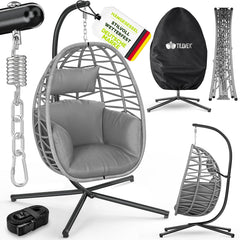 tillvex® Hangstoel met frame, outdoor en weerbestendige afdekking incl. bevestiging, inklapbare hangmand tot 150 kg, hangstoel van rotan, hangstoel voor binnen, tuin, balkon, terras (grijs)