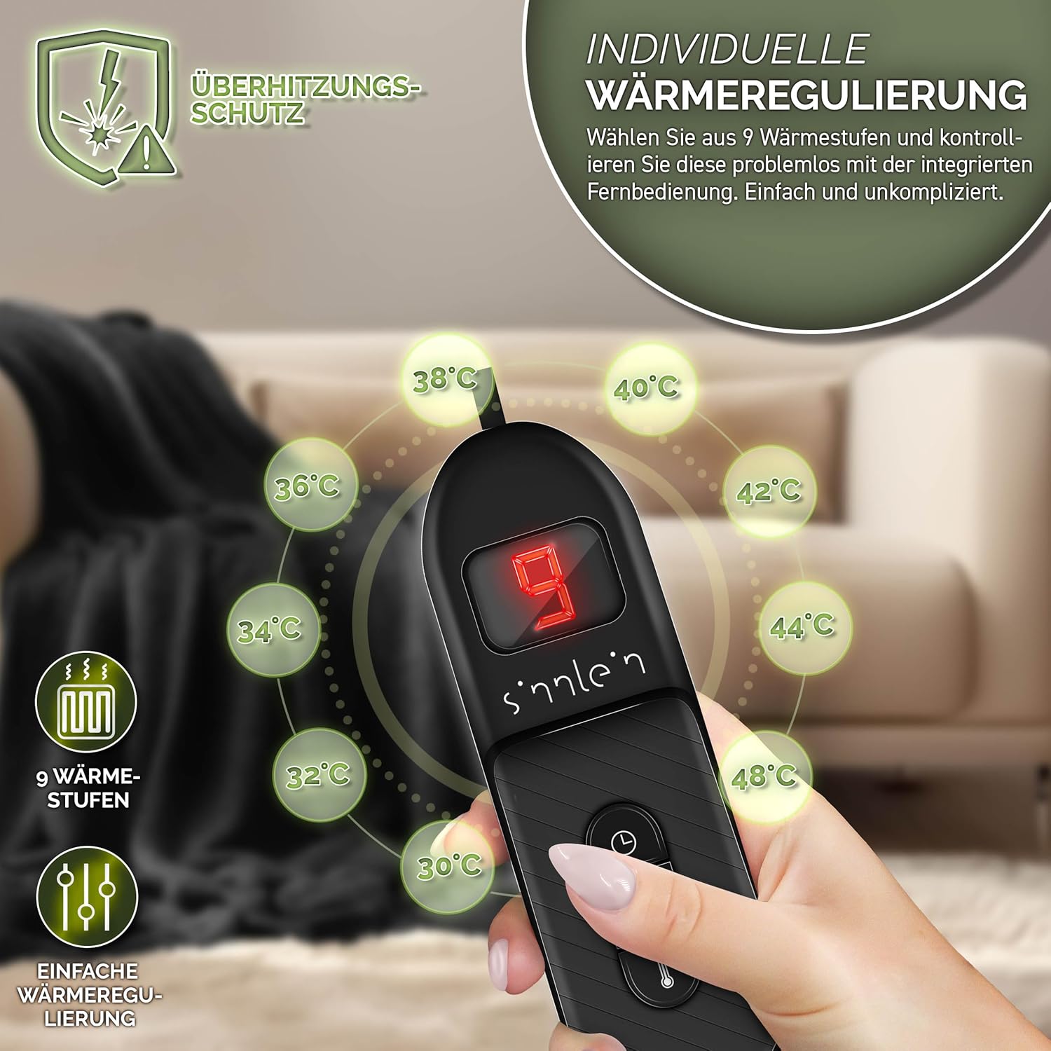 Sinnlein® Elektrische deken - Warmtedeken - 200x180cm - Zwart