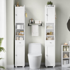 HEXCELEN Badkamerkast, Hoge Badkamerkast, Vrijstaande Vloerkast met 2 Deuren en 1 Lade, Toiletorganizer met Verstelbare Plank, 1 Haak voor Woonkamer, Keuken, Wit 480013X