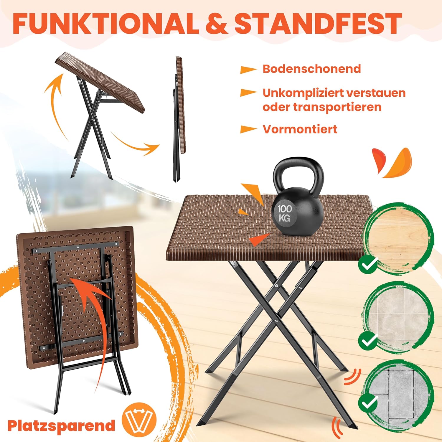 KESSER® Balkontafel, inklapbaar, weerbestendig/UV-bestendig, gecoat staal en rotan-look, outdoor tuintafel, tuinmeubelen met 6 vilten onderzetters, bistrotafel, tot 100 kg belastbaar