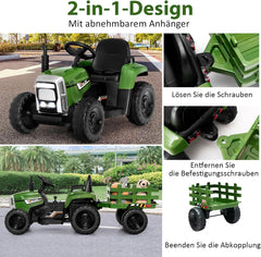 COSTWAY 12 V 3 versnellingen tractor met afneembare hanger en 2,4 G afstandsbediening, kinderzittractor met ledverlichting, muziek, claxon en USB-functies, geschikt voor kinderen vanaf 3 jaar
