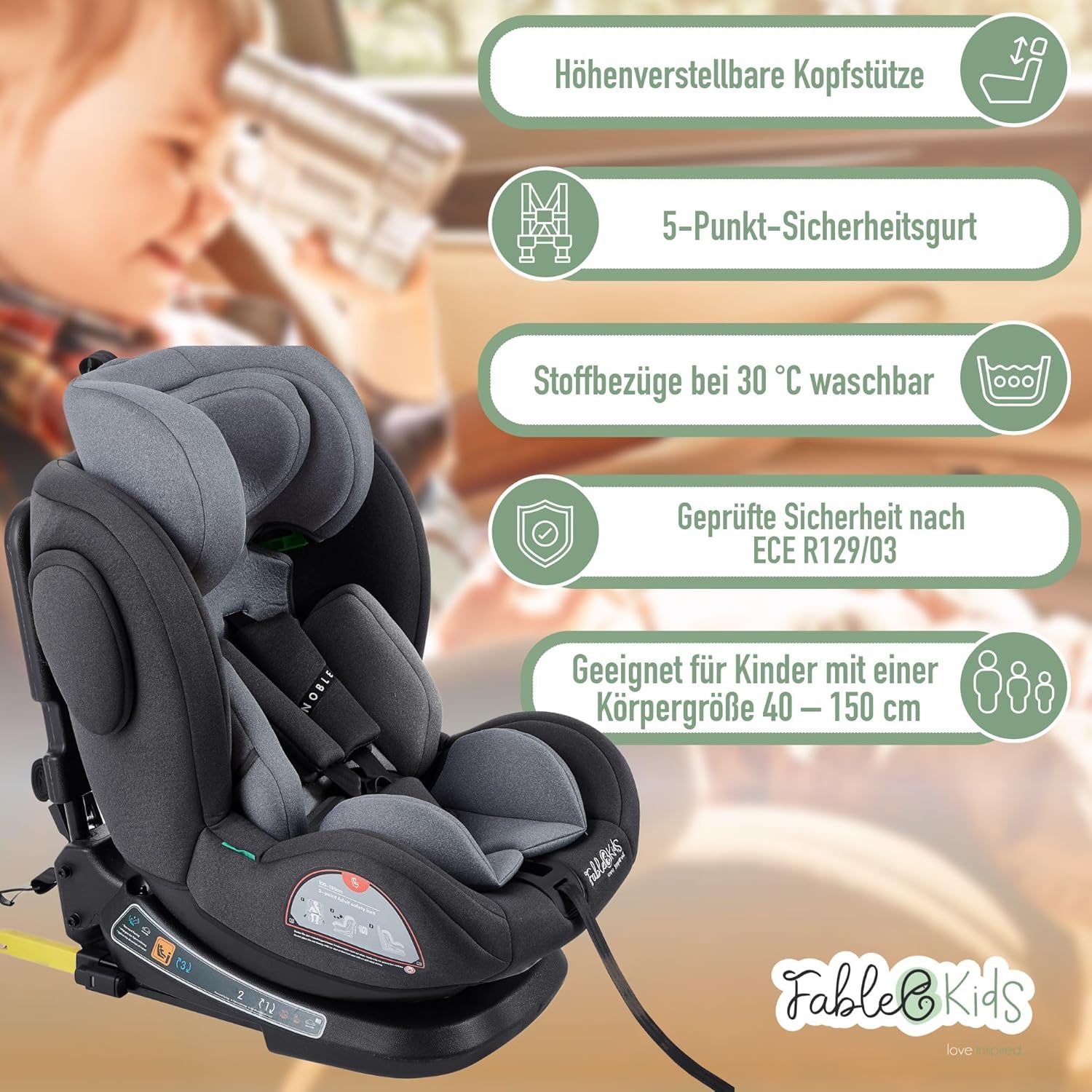 FableKids Kinderautostoel met Isofix, 360 graden draaibaar, autokinderzitje, autostoeltje, i-size 40-150 cm, 5-punts veiligheidsgordel, 8-voudig instelbare hoofdsteun, ECE R129/03, grijs