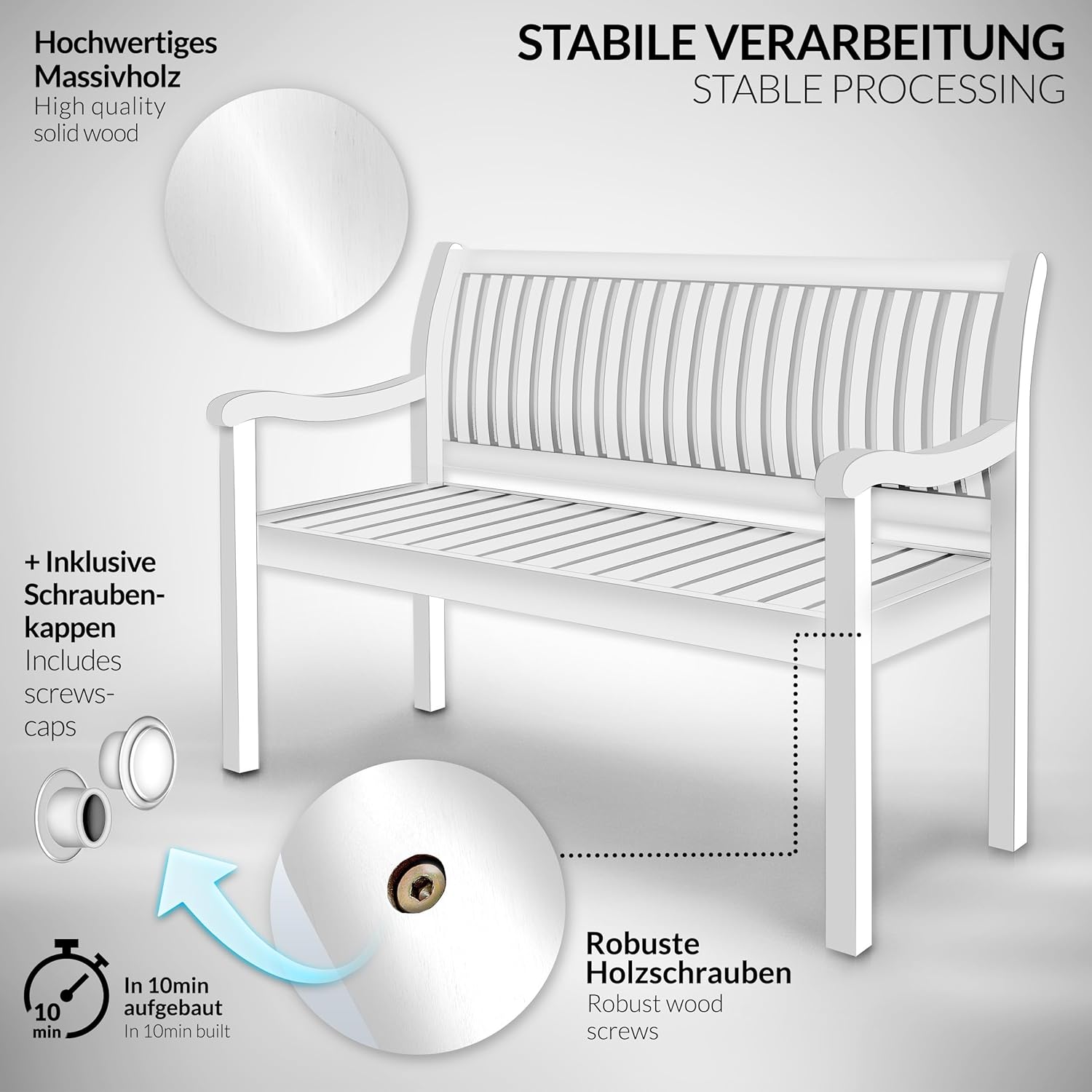 tillvex Houten tuinbank, 3-4-zits incl. afdekking, weerbestendig, 150 cm, massief houten parkbank, 320 kg belastbaar, voor balkon, terras en tuin, wit