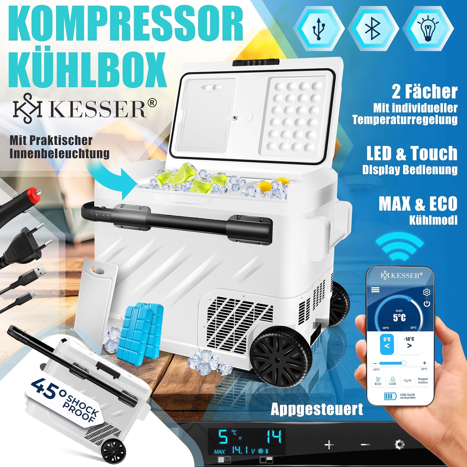 KESSER® Compressorkoelbox, elektrisch, 51 liter, campingvriesbox met led-touch, met app-besturing en koelaccu, USB-aansluiting, 12/24 V, 230 V, koelkastkoeling tot -20 °C, voor auto, vrachtwagen, wit