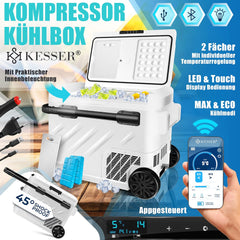 KESSER® Compressorkoelbox, elektrisch, 51 liter, campingvriesbox met led-touch, met app-besturing en koelaccu, USB-aansluiting, 12/24 V, 230 V, koelkastkoeling tot -20 °C, voor auto, vrachtwagen, wit