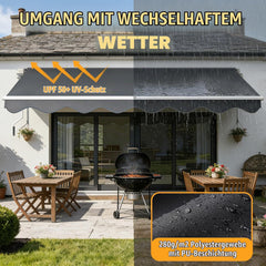 Verdego Markies met scharnierarm, 300 x 250 cm, knikarm met volant, handslinger, wandhouder, waterafstotend, aluminium/polyester, zonnescherm, hellingshoek instelbaar, donkergrijs