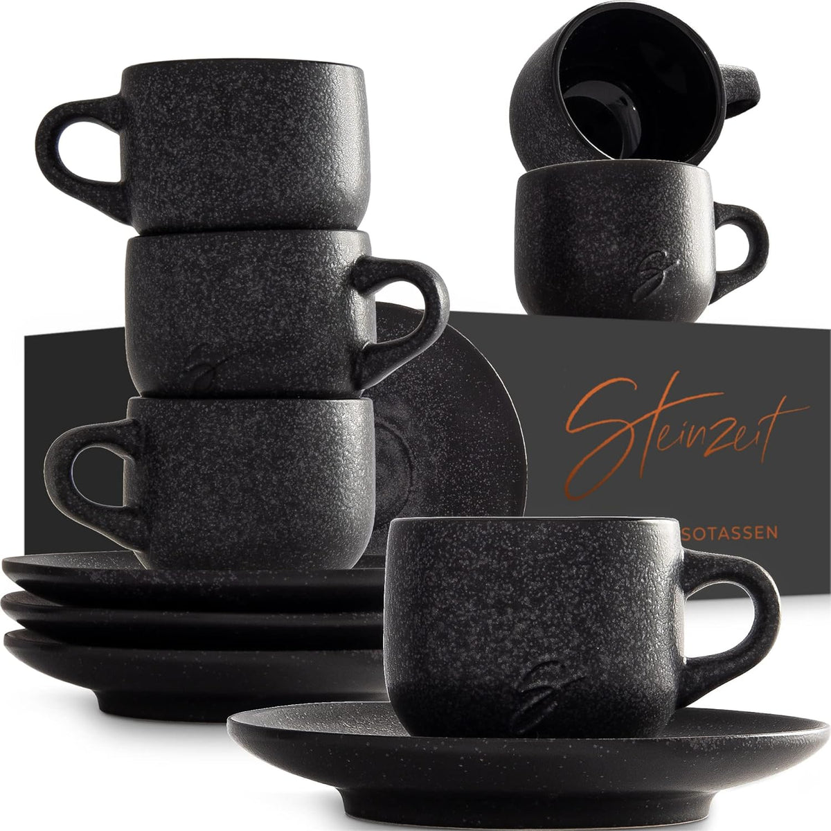 Steinzeit Design Espressokopjes (6 x 80 ml), set espressokopjes met bijpassende schoteltjes, espressokopjes van 100% handgemaakt, stapelbare mokkatassen in zwart