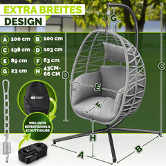 tillvex® Hangstoel met frame, outdoor en weerbestendige afdekking incl. bevestiging, inklapbare hangmand tot 150 kg, hangstoel van rotan, hangstoel voor binnen, tuin, balkon, terras (grijs)