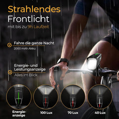 Fietslamp 100 Lux - 2000 mAh accu - met reflector en remlicht - StVZO goedgekeurd, USB-C oplaadbaar en waterdicht - fietsverlichtingsset - led-fietsverlichting - fietslicht voor •