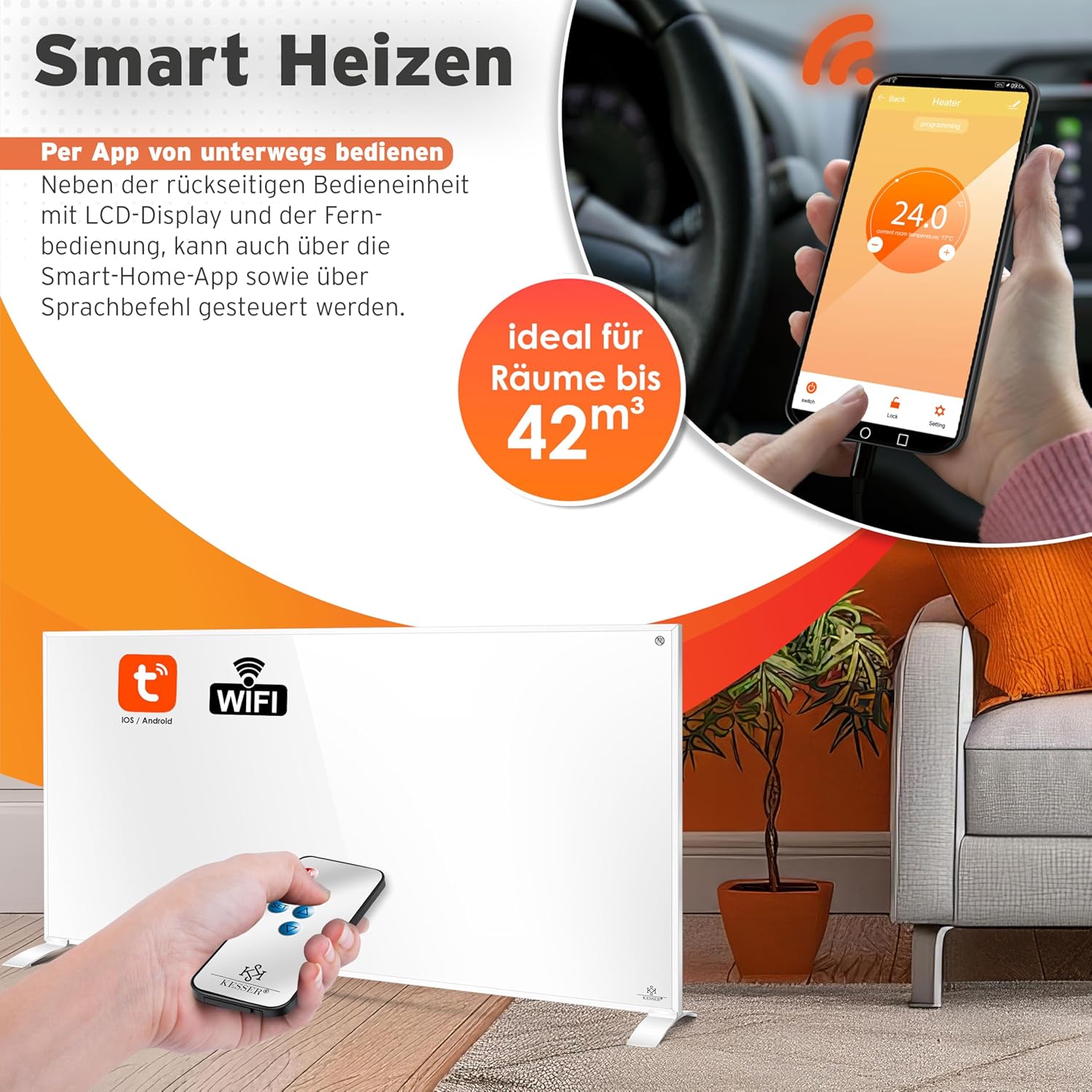 KESSER® Infraroodverwarming, energiebesparend, infrarood staand apparaat en wandmontage, elektrische verwarming, 700 W, met afstandsbediening, thermostaat en app-bediening, elektrisch