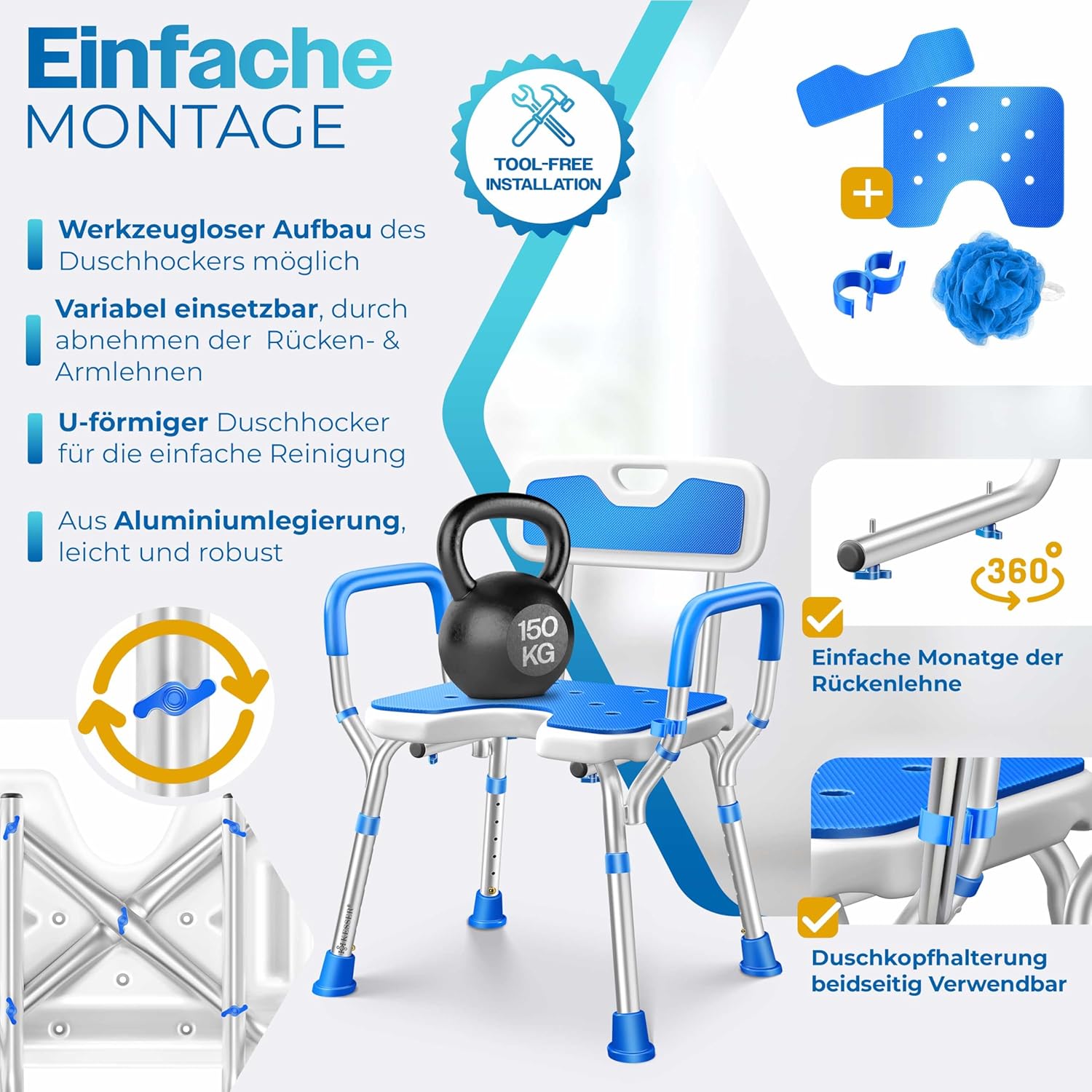 KESSER® Douchekruk - Douchestoel - Verstelbaar - Antislip - Blauw