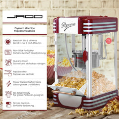 Jago® Popcornmachine retro - 60 l/h, 200 g/10 min, roestvrijstalen pot, voor zoute popcorn - jaren 50-look, professionele popcornmaker, bereider, automaat