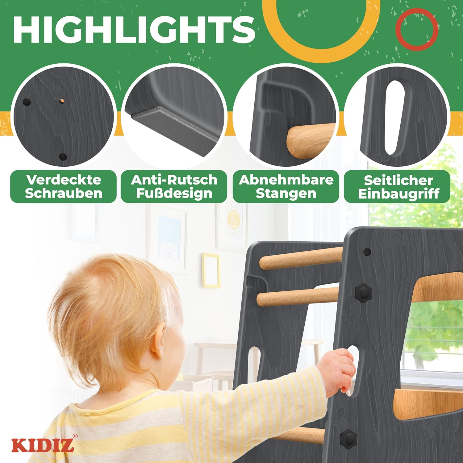 KIDIZ® Leertoren voor kinderen vanaf 1 jaar, incl. leerklok | 3-traps in hoogte verstelbare opstapkruk van grenenhout | speelse motorische vaardigheden bevorderen Montessori leertoren tot 50 kg