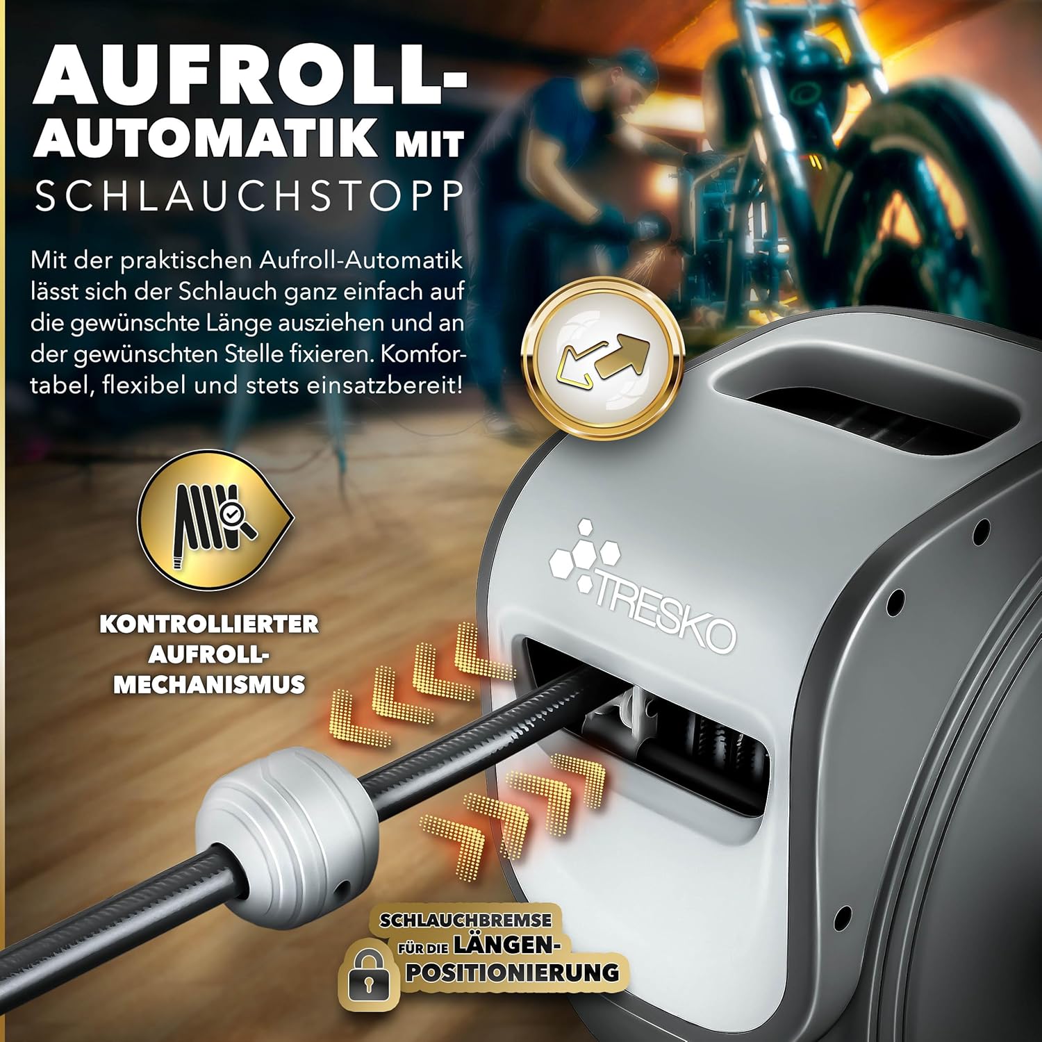 TRESKO® Automatische Luchtslang - 15M - Slanghaspel - Grijs •