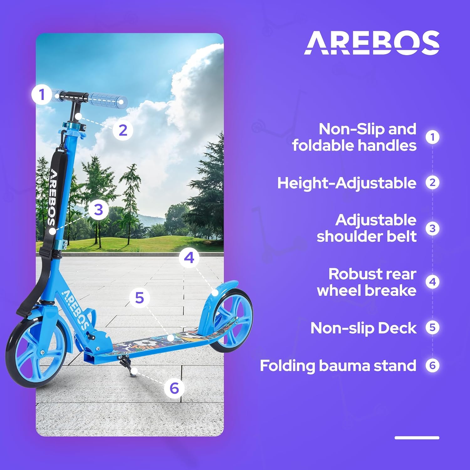Arebos City Scooter, Hoogteverstelbaar | Opvouwbaar | Inclusief draagriem | XXL wielen | Kickrem | Voor kinderen en volwassenen | Draagvermogen tot 100 kg | Kickstep | Kickstep