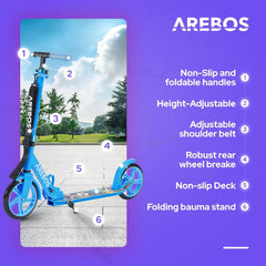 Arebos City Scooter, Hoogteverstelbaar | Opvouwbaar | Inclusief draagriem | XXL wielen | Kickrem | Voor kinderen en volwassenen | Draagvermogen tot 100 kg | Kickstep | Kickstep
