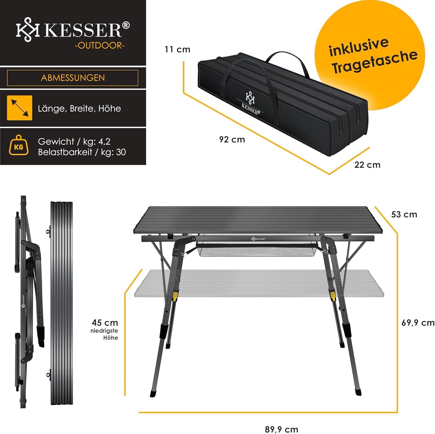KESSER® Campingtafel Opvouwbaar - Verstelbaar - 90x53cm - Antraciet