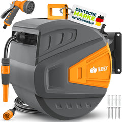 tillvex Slanghaspel water met wandhouder + draaggreep, slanghaspel met handdouche en tuinslang, 180 graden draaibaar, wandslangbox met automatisch oprolmechanisme (antraciet/oranje, 20 m)