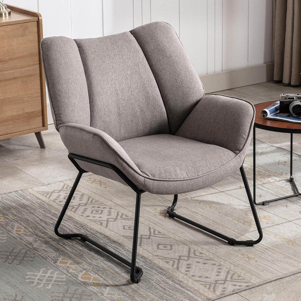 WAHSON Fauteuil woonkamer lounge stoel moderne leesstoel gestoffeerde oorfauteuil met metalen poten voor slaapkamer/woonkamer, linnen, grijs