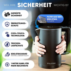 Stillstern Waterkoker met roestvrijstalen filter, PFAS- en PTFE-vrij, 1,7 l - 2200 W, waterkoker met precisie-uitloop en anti-vingerafdrukcoating, snel opwarmen, theekoker camping, matte afwerking