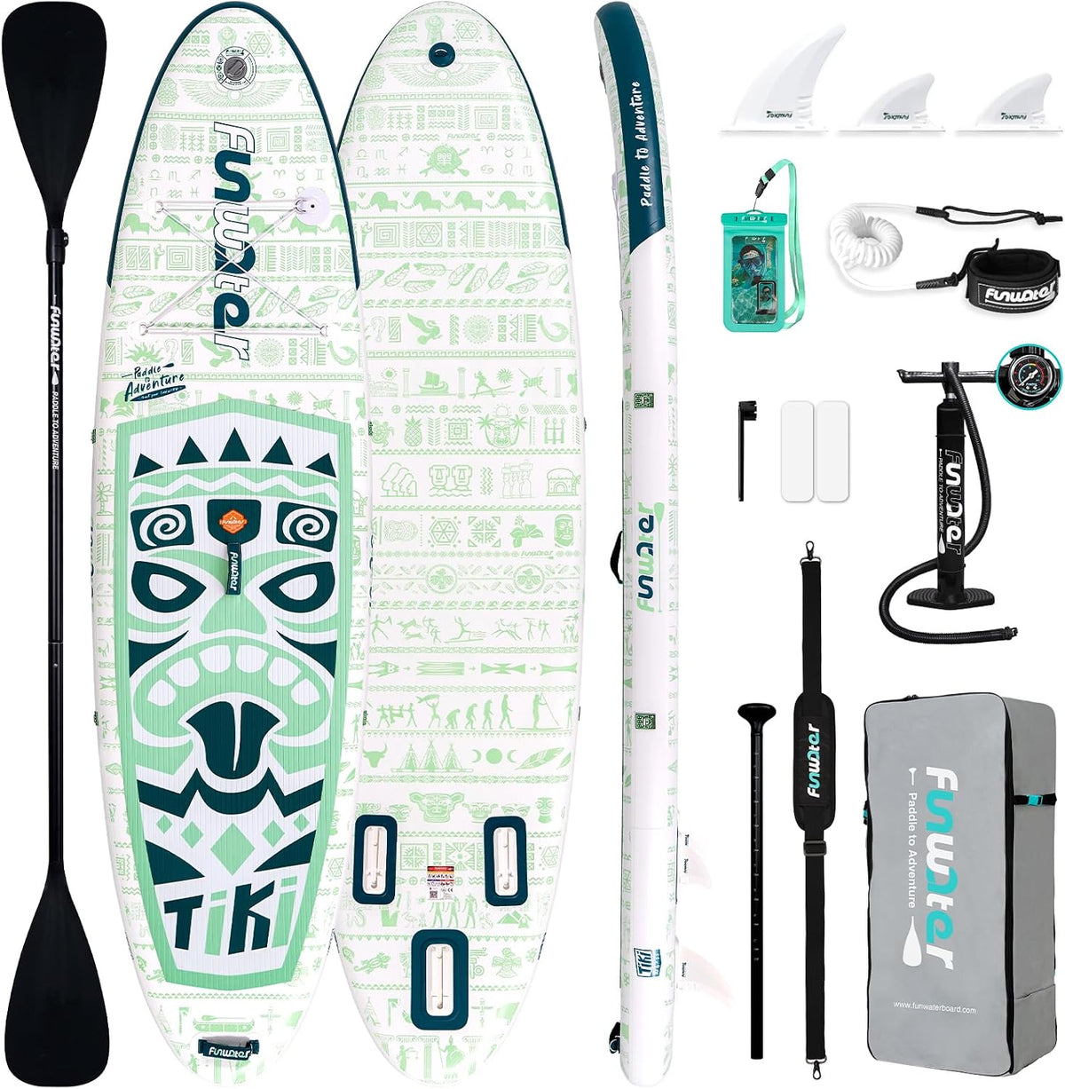 FunWater Stand-Up Paddleboard, TIKI Paddleboard voor volwassenen, 3,20 m lang, met extra breed, groot, antislip EVA-dek, inclusief hoogwaardige SUP-accessoires zoals een dubbelzijdige peddel en een schouderriem voor de SUP-drager.