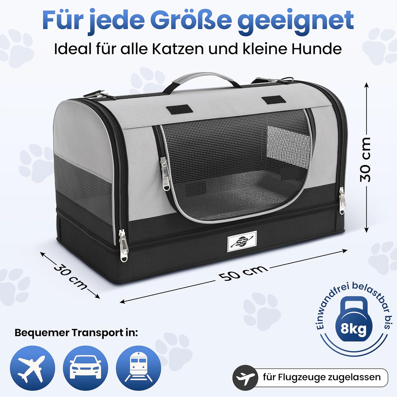 Smart-Planet® Transporttas katten en honden met afneembare bodem, opvouwbare transportbox tot 8 kg, 50 x 30 x 30 cm, met draagriem voor vakantie, reizen en dierenarts