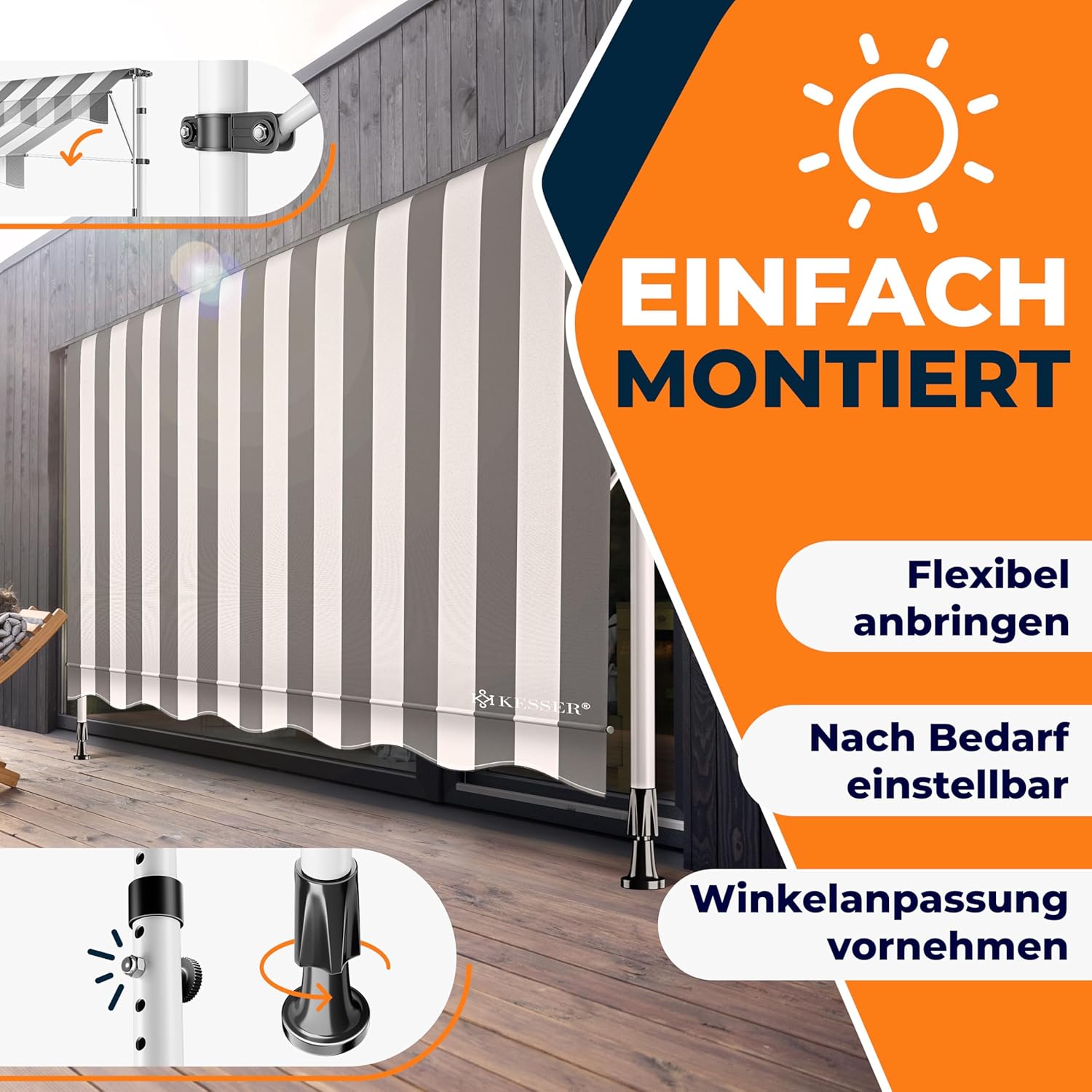KESSER® Klemluifel met handslinger, balkon, balkonluifel zonder boren, luifel uv-bestendig, in hoogte verstelbaar en waterafstotend, zonwering voor balkon, terras en tuin, terrasoverkapping, 200 cm