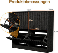 UEV Schoenenkast met 4 kleppen, hout, smalle schoenenkast, schoenenkast met kantelbeveiliging, schoenenrek, hal, verstelbare scheidingswanden voor verschillende soorten schoenen, zwart, 102x24x86,5cm •