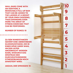 Physionics® Afneembare optrekstang voor wandrek – belastbaar tot 100 kg, 3 sporten, 73 x 45 x 27 cm, van hout, in hoogte verstelbaar – optrekbeugel, rekstang, ophangbeugel, turnwand