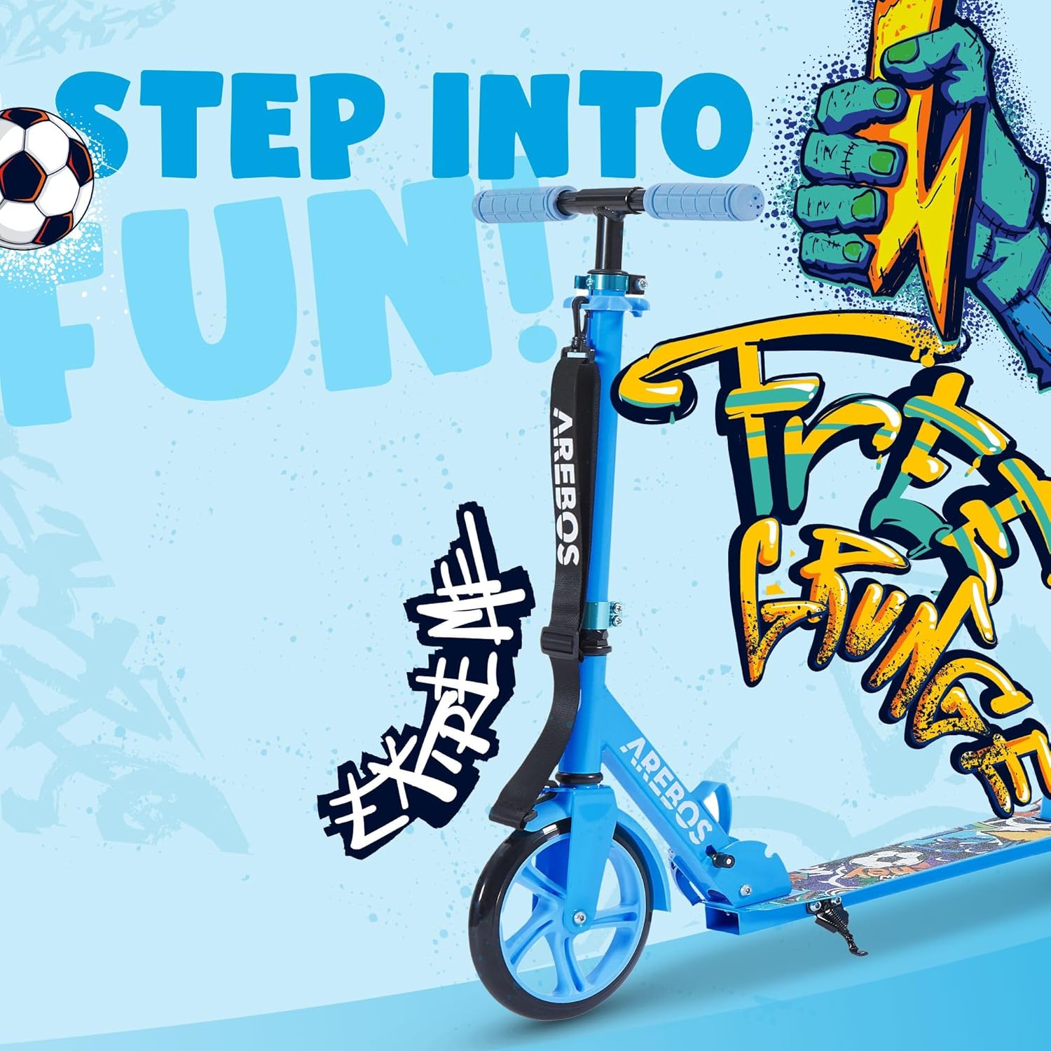 Arebos City Scooter, Hoogteverstelbaar | Opvouwbaar | Inclusief draagriem | XXL wielen | Kickrem | Voor kinderen en volwassenen | Draagvermogen tot 100 kg | Kickstep | Kickstep