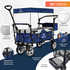 Opvouwbare bolderkar met dak, muggennet, regenhoes, handwagen, transportwagen, 2-zits, gordelsysteem, inklapbaar, massief rubberen banden, tot 80 kg, voor- en achterrem + draagtas, blauw •