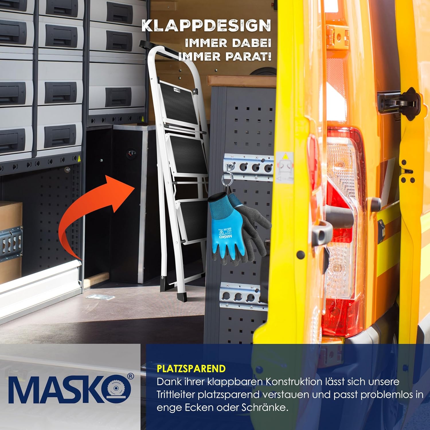 MASKO® Trapladder, vouwladder met 3 treden, belastbaar tot 150 kg, antislip, incl. handschoenen, gereedschapshouder en automatisch slot, wit