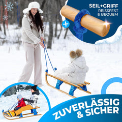 KESSER® Houten slee, premium kinderslee, opvouwbare kinderslee van beukenhout, incl. trekkoord, glijders, metalen glijders